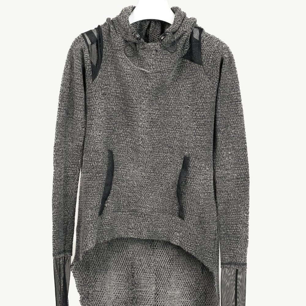 Art Point Grey Hood Mesh Detail Mix-Material Long Sleeve Sweater